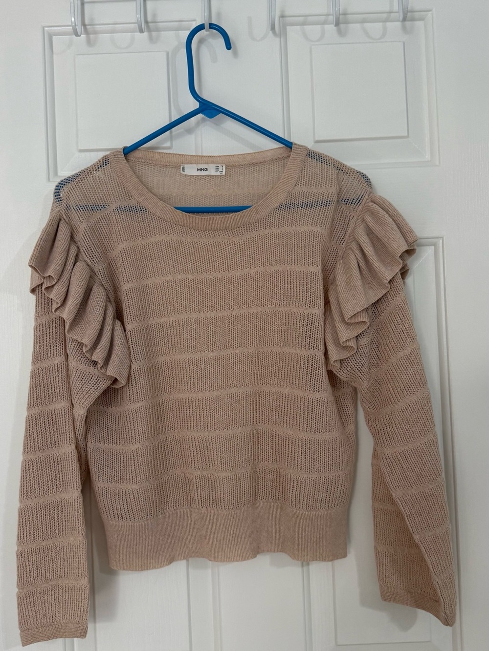 Mango Open-Knit Crewneck Sweater in Blush